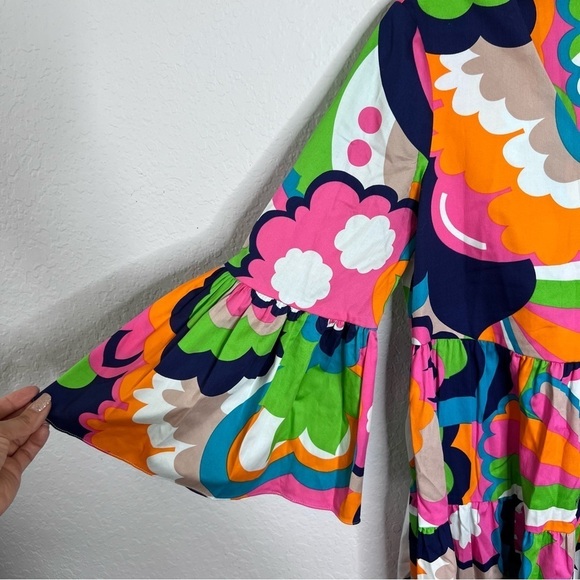 Trina Turk Midi Dress Womens XS Flower Power Retro Flowy Bell Sleeve B19 - Picture 4 of 9
